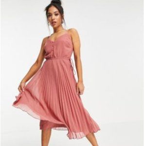ASOS DESIGN Petite button front pleated cami midi dress with drawstring waist in